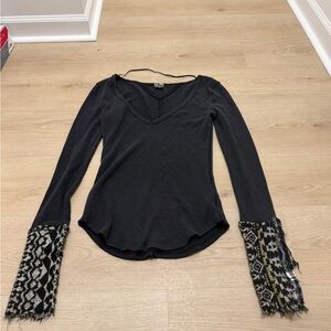 Free People Black Long Sleeve Top with Patterned Cuffs